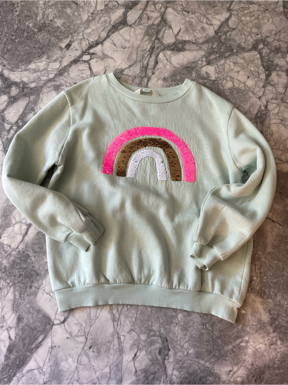 New! H&M Mint Green Sweatshirt with Pink & Gold Sequin Rainbow